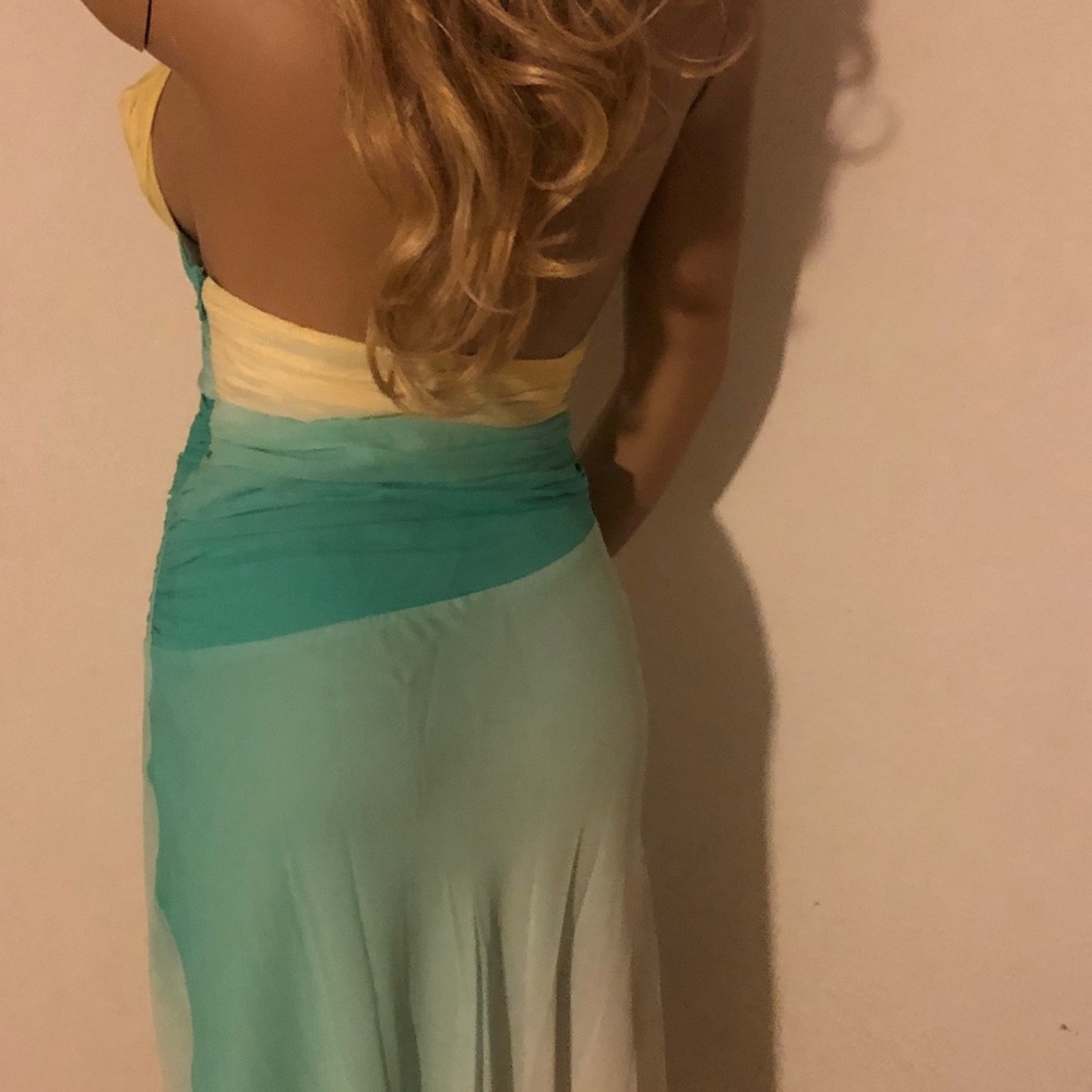 BCBGMAXAZRIA Silk Ombre Halter Dress | Teal Cream Hi-Lo Formal Dress 4 - Picture 7 of 9